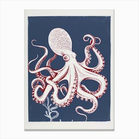Retro Red Navy Octopus Linocut Style 8 Canvas Print