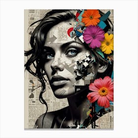 Collage Portrait of a Woman with Flowers and Newspaper Art Toile