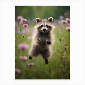 Cute Funny Common Raccoon Running On A Field Wild 1 Canvas Print