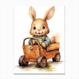 Rabbit Bunny On A Toy Car, Watercolour Nursery 0 Canvas Print
