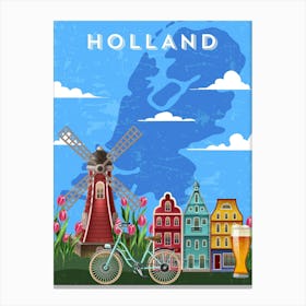 Amsterdam, Netherlands/Holland — Retro travel minimalist poster, retro travel art, retro travel wall art, vector art 4 Canvas Print