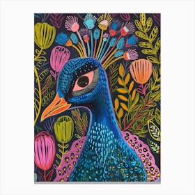 Colourful Folk Inspired Peacock Portrait 3 Canvas Print