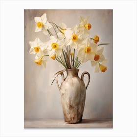 Daffodil, Autumn Fall Flowers Sitting In A White Vase, Farmhouse Style 3 Canvas Print