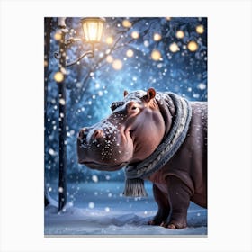 Hippo Wearing A Cozy Knit Cap And Scarf In A Winter Wonderland Fur Covered In Soft Snowflakes Fall Canvas Print