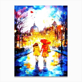 Rainy Day Friends - Two Girls Walking In The Rain Canvas Print
