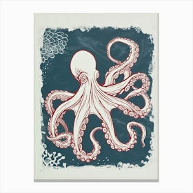 Octopus Linocut Style With Aqua Marine Plants 4 Canvas Print