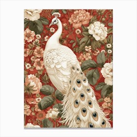 White Floral Red Peacock Canvas Print