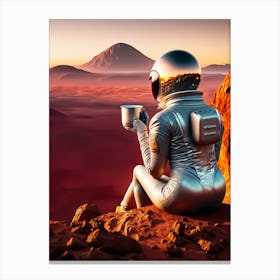 Space Explorer on Mars Enjoying Sunset Coffee - Futuristic Art Canvas Print