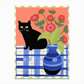 Black Cat With A Vase With Red Flowers Illustration Canvas Print
