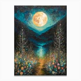 Full Moon Over Wildflowers Meadow Path Mountains and Lake| Colorful Witchy Magical Print | Neutral Tones Country Art Pagan Scenery for Feature Wall Decor Meadow Painting in HD Canvas Print