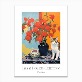 Cats & Flowers Collection Freesia Flower Vase And A Cat, A Painting In The Style Of Matisse 1 Canvas Print