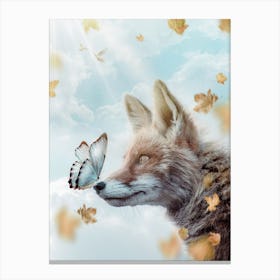 Fox And Blue Butterfly Under Autumn Leaves Canvas Print