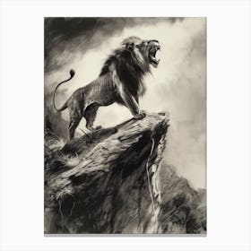 African Lion Charcoal Drawing Roaring On A Cliff 4 Canvas Print