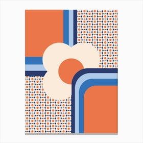 Retro 70s Geometric Floral, Blue, Apricot, Cream Canvas Print