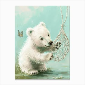 Polar Bear Cub Playing With A Butterfly Net Storybook Illustration 3 Canvas Print