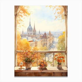 Window View Of Budapest Hungary In Autumn Fall, Watercolour 3 Canvas Print