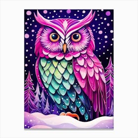 Pink Owl Snowy Landscape Painting (108) Canvas Print