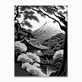Koraku En, 1, Japan Linocut Black And White Vintage Canvas Print