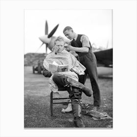 Spitfire Pilot Having His Hair Cut, Vintage Black and White Old Photo Canvas Print