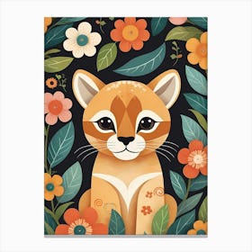 Floral Cute Baby Puma Nursery Illustration (22) Canvas Print