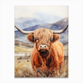 Watercolour Portrait Of Highland Cow In The Grass With The Mountains Canvas Print
