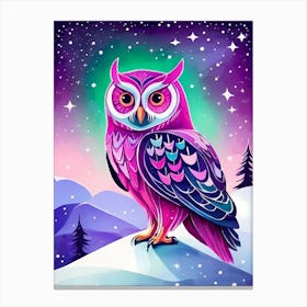Pink Owl Snowy Landscape Painting (236) Canvas Print