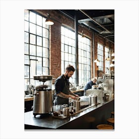 Barista In A Steam Filled Industrial Style Eatery Clad In A Hipster Uniform Meticulously Grinds Co (1) Canvas Print