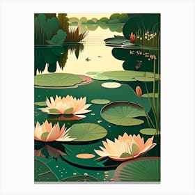Pond With Lily Pads Water Waterscape Retro Illustration 2 Canvas Print