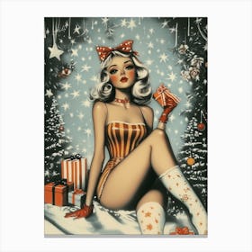 Pin Up Girl Christmas Painting Snow Tree Presents Gifts Holiday Canvas Print