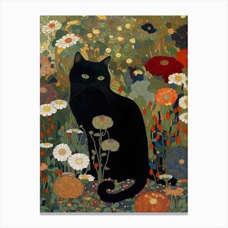 Klimt Style, Black Cat In A Garden Canvas Print