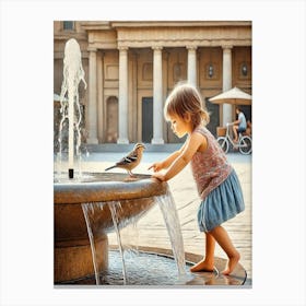 Little Girl Playing With Bird In Fountain 1 Canvas Print