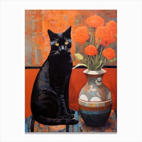 Black Cat With Roses 2 Canvas Print