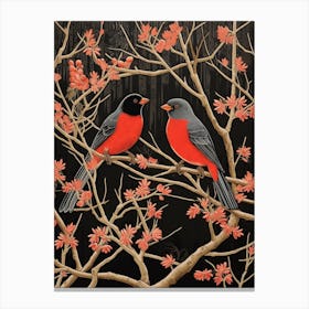 Birds And Branches Linocut Style 12 Canvas Print