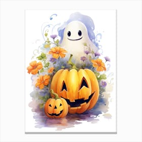 Cute Ghost With Pumpkins Halloween Watercolour 94 Canvas Print