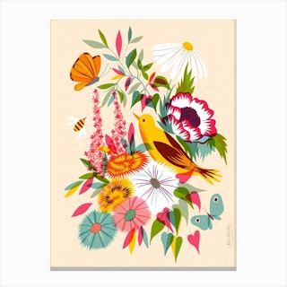 Screen Print Florals With Pirol And Butterflies Canvas Print