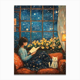 Girl Reading Book with Her Cat 14 Canvas Print