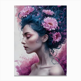 Blue Haired Girl With Flowers Canvas Print