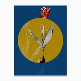Vintage Botanical Tulip on Circle Yellow on Blue Canvas Print