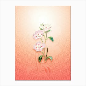 Pink Oenothera Flower Vintage Botanical in Peach Fuzz Seigaiha Wave Pattern n.0258 Canvas Print