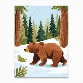 Brown Bear Walking Through A Snow Covered Forest Storybook Illustration 6 Canvas Print