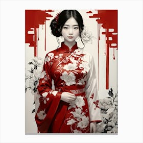 Asian Girl In Red Dress Canvas Print