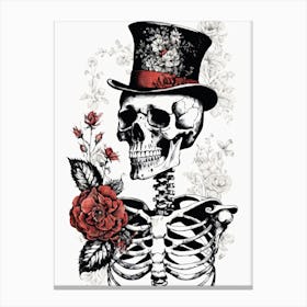 Floral Skeleton With Hat Ink Painting (52) Canvas Print