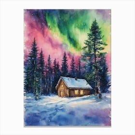 The Northern Lights - Aurora Borealis Rainbow Winter Snow Scene of Lapland Iceland Finland Norway Sweden Forest Lake Watercolor Beautiful Celestial Artwork for Home Gallery Wall Magical Etheral Dreamy Traditional Christmas Greeting Card Painting of Heavenly Fairylights 3 Canvas Print