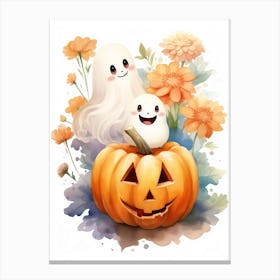 Cute Ghost With Pumpkins Halloween Watercolour 18 Canvas Print