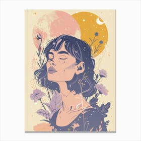 Girl With Flowers and moon Canvas Print