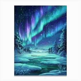 Anime Canvas Art: Magical Winter Night with Aurora Borealis and Snowy Landscape, Perfect for Lofi Aesthetic and Dreamy Nature Art Fans. Canvas Print