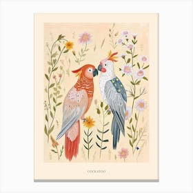 Folksy Floral Animal Drawing Cockatoo Poster Canvas Print