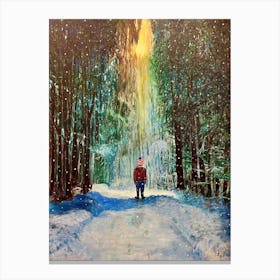 Winter's Promise Boy In Snowy Forest Light from Above Canvas Print