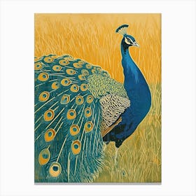 Blue Mustard Peacock In The Grass Linocut Inspired 4 Canvas Print