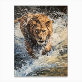 African Lion Crossing A River Acrylic Painting 3 Canvas Print